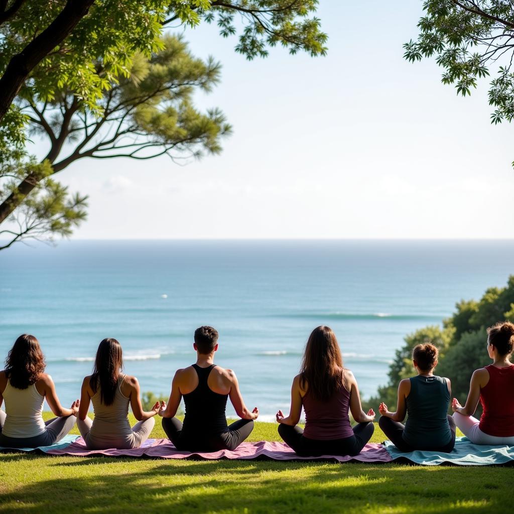 A group of people practicing yoga and meditation at a spa retreat in Goa.