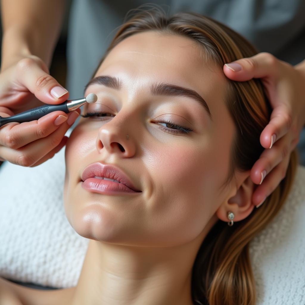 Close-up of a facial treatment being performed with specialized tools and products