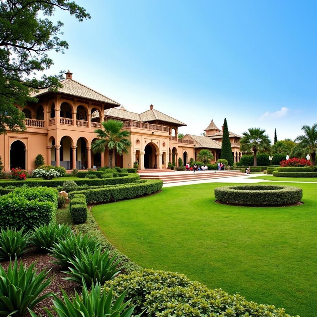 Exterior view of The Golkonda Resorts & Spa Hyderabad showcasing its grand architecture and lush gardens.