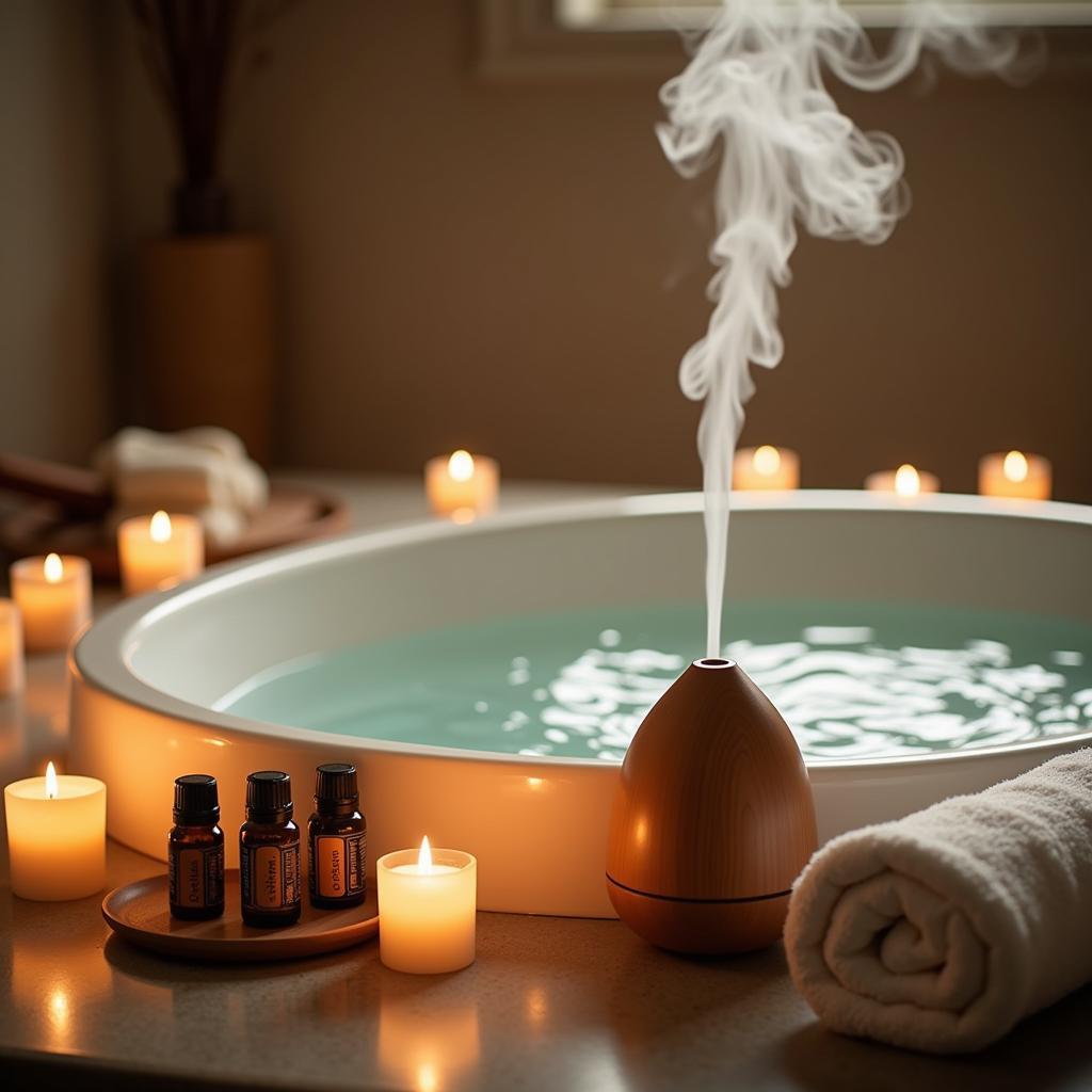 A relaxing aromatherapy setup in a bathroom with candles, diffuser, and essential oils.