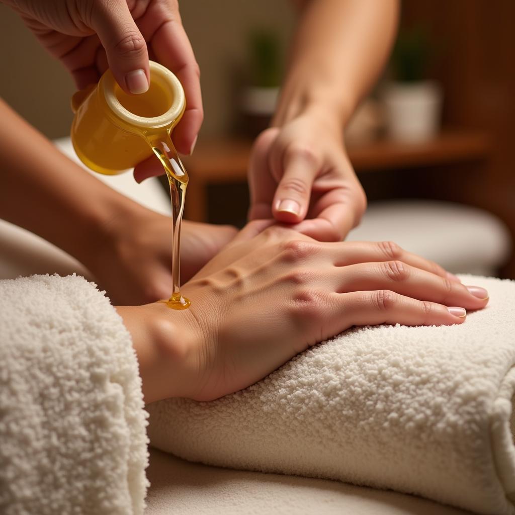 Close up of hands receiving a massage with olive oil in an Italian spa