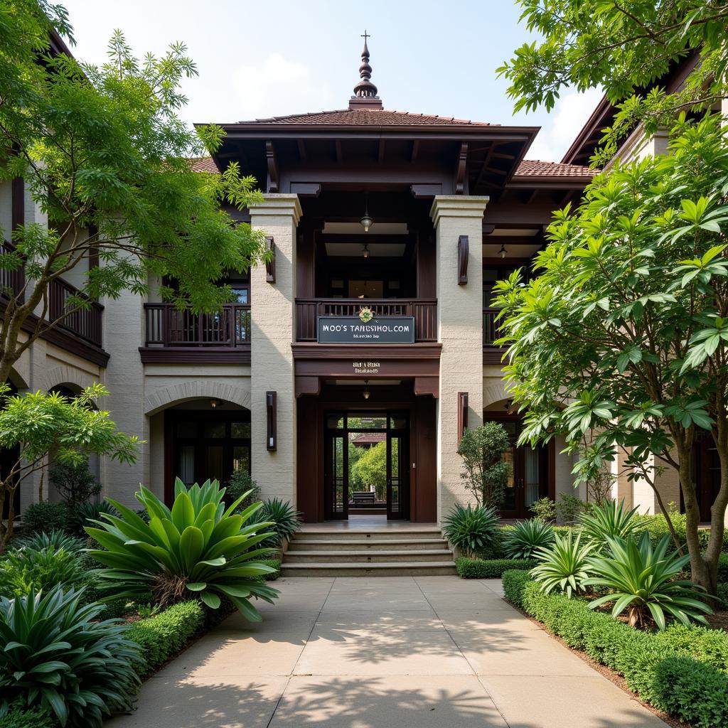 Luxurious exterior of a spa in Kathmandu, showcasing traditional Nepali architecture with modern touches.