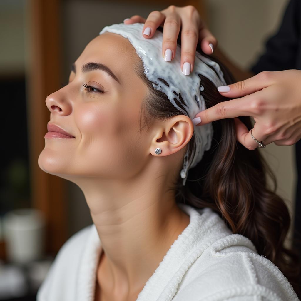 Woman receiving L'Oréal hair spa deep nourishing creambath treatment at a salon.