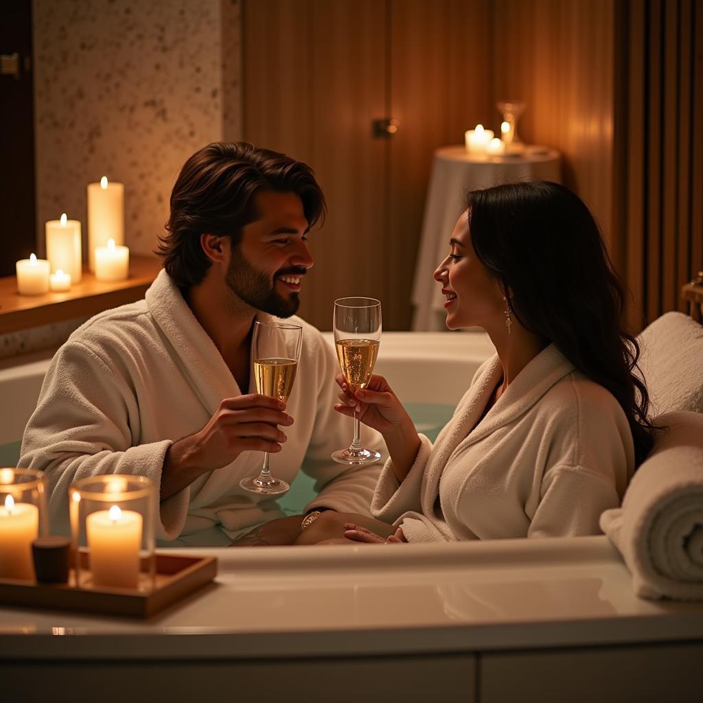 Couple enjoying a luxurious bath spa break with champagne and aromatherapy candles.