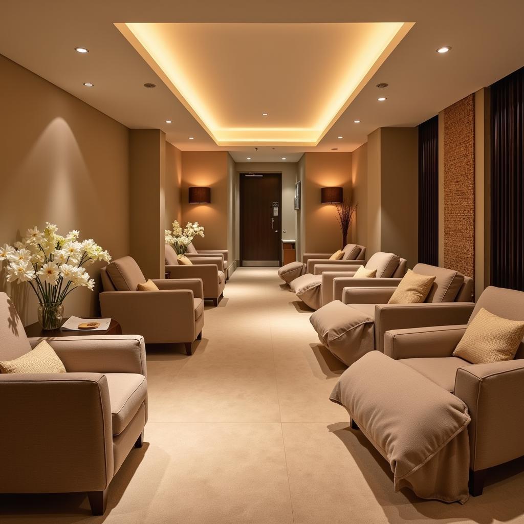 Serene relaxation area in a luxury spa with comfortable seating and calming decor.