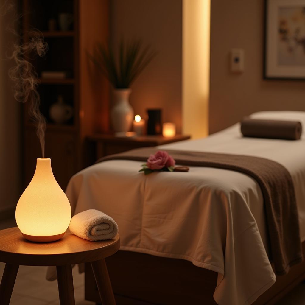 Spa treatment room with massage table and aromatherapy diffuser