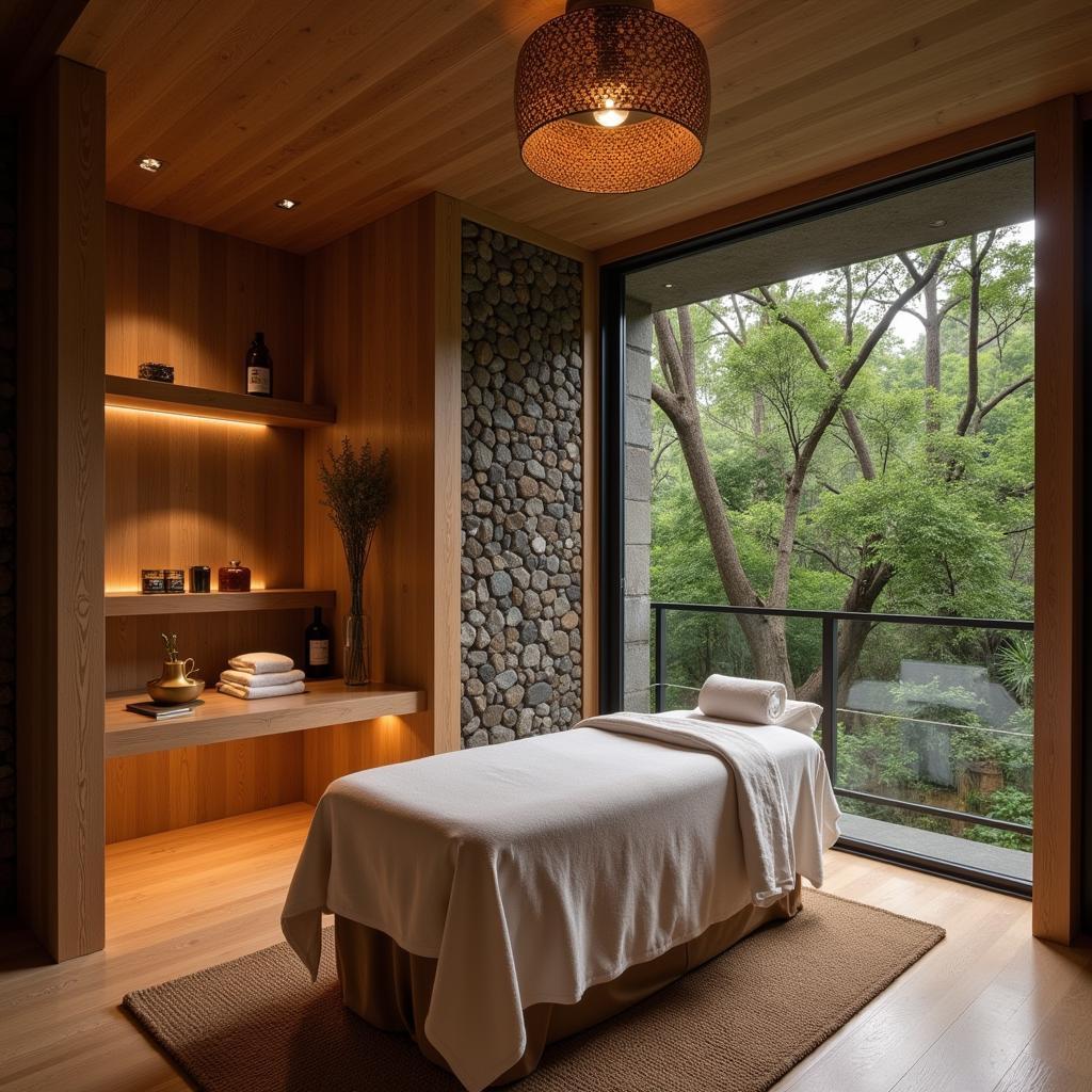 A serene spa treatment room at Nandini Resort and Spa Ubud with natural elements and soft lighting.