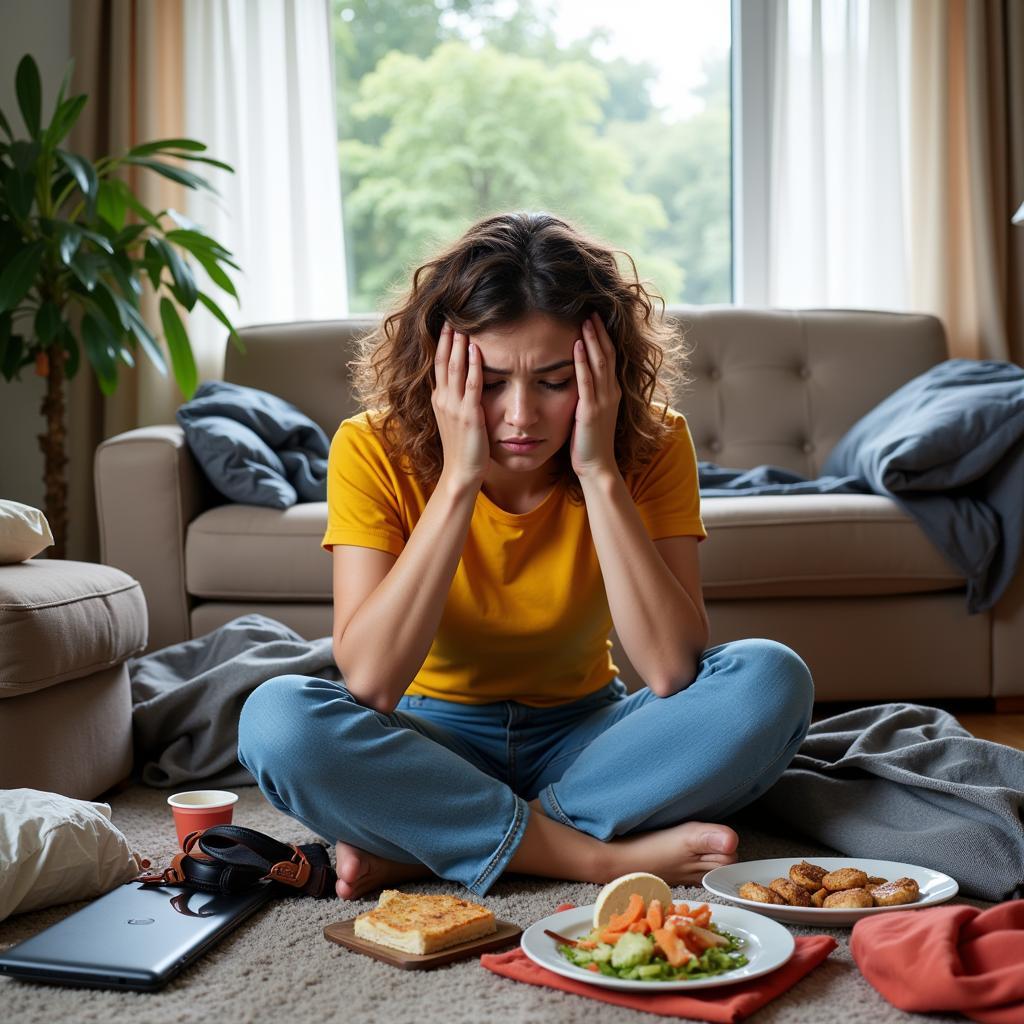 Neglected Self-Care: A person slumped on a couch, surrounded by takeout containers and electronic devices, looking exhausted and overwhelmed.