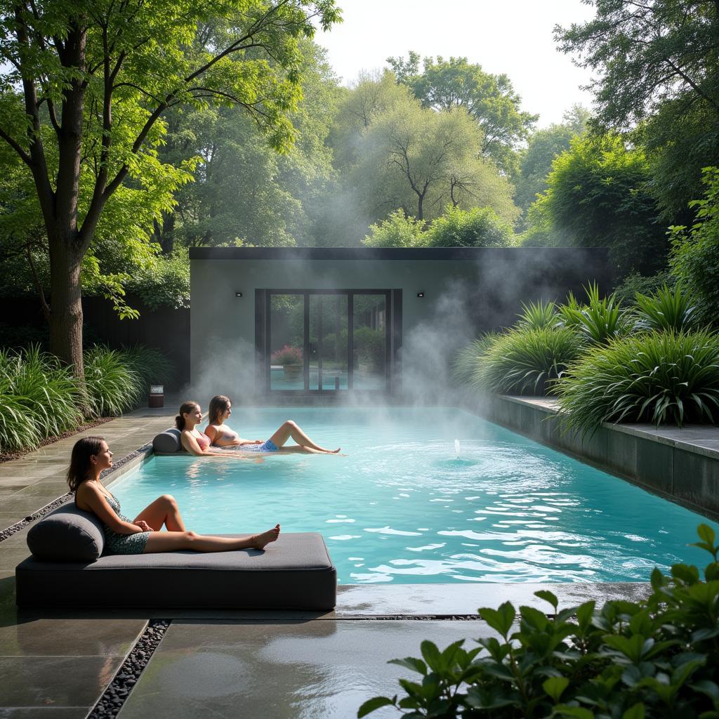 Guests relaxing in a hydrotherapy pool surrounded by lush greenery at an outdoor spa in London