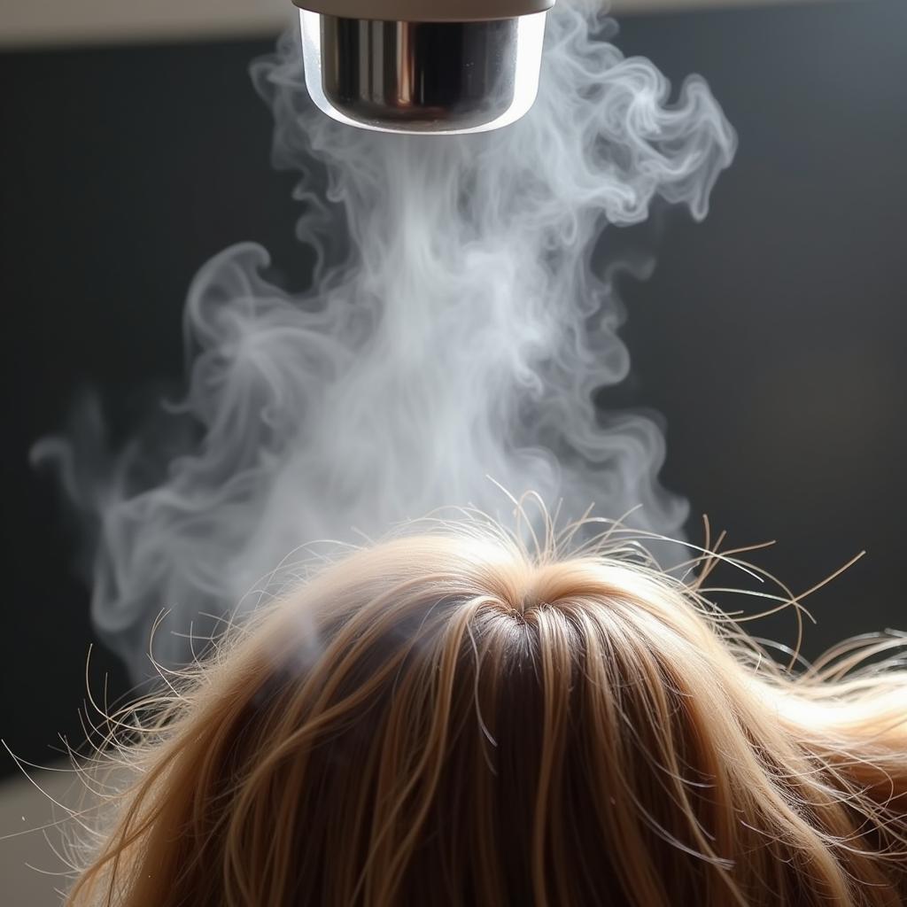 Close-up of an ozone hair spa machine steaming hair.