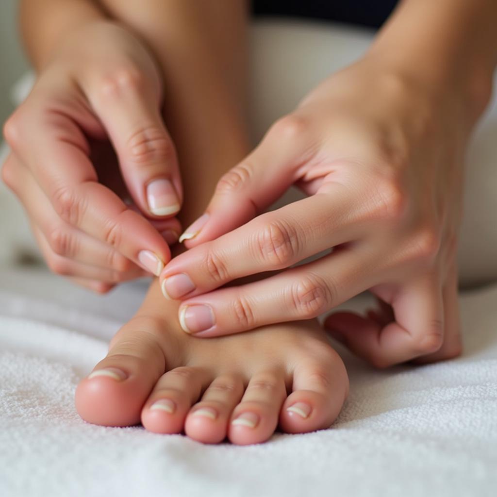 Close-up of a therapist massaging a client's foot during a ritual pedi spa treatment.