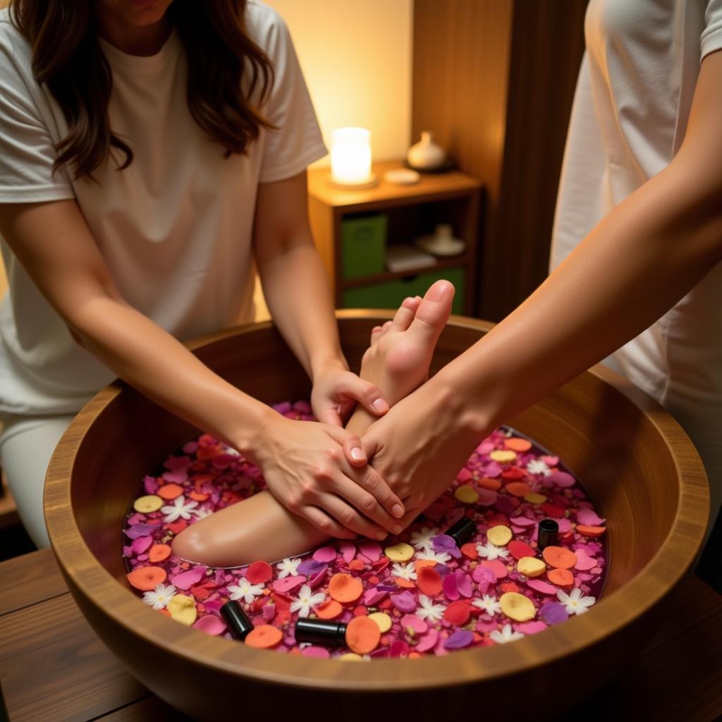 Woman enjoying a relaxing ritual pedi spa treatment.