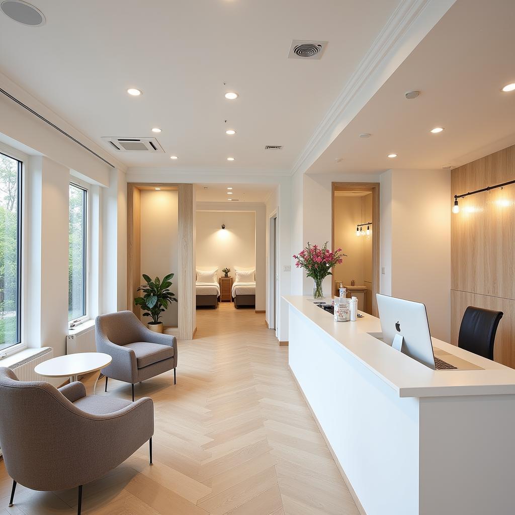 Modern and luxurious salon and spa interior design with treatment rooms and reception area.