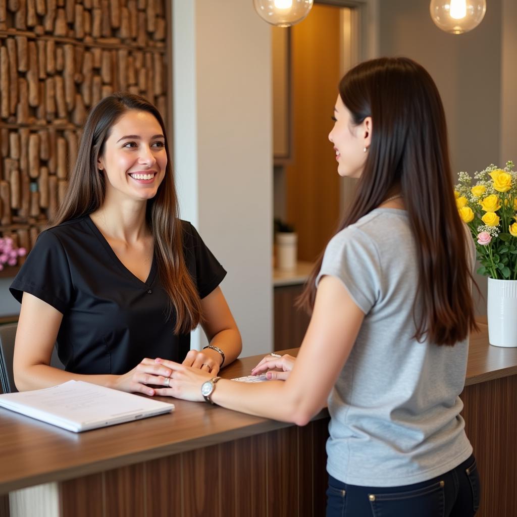 Spa associate at the reception desk organizing appointments and greeting clients.