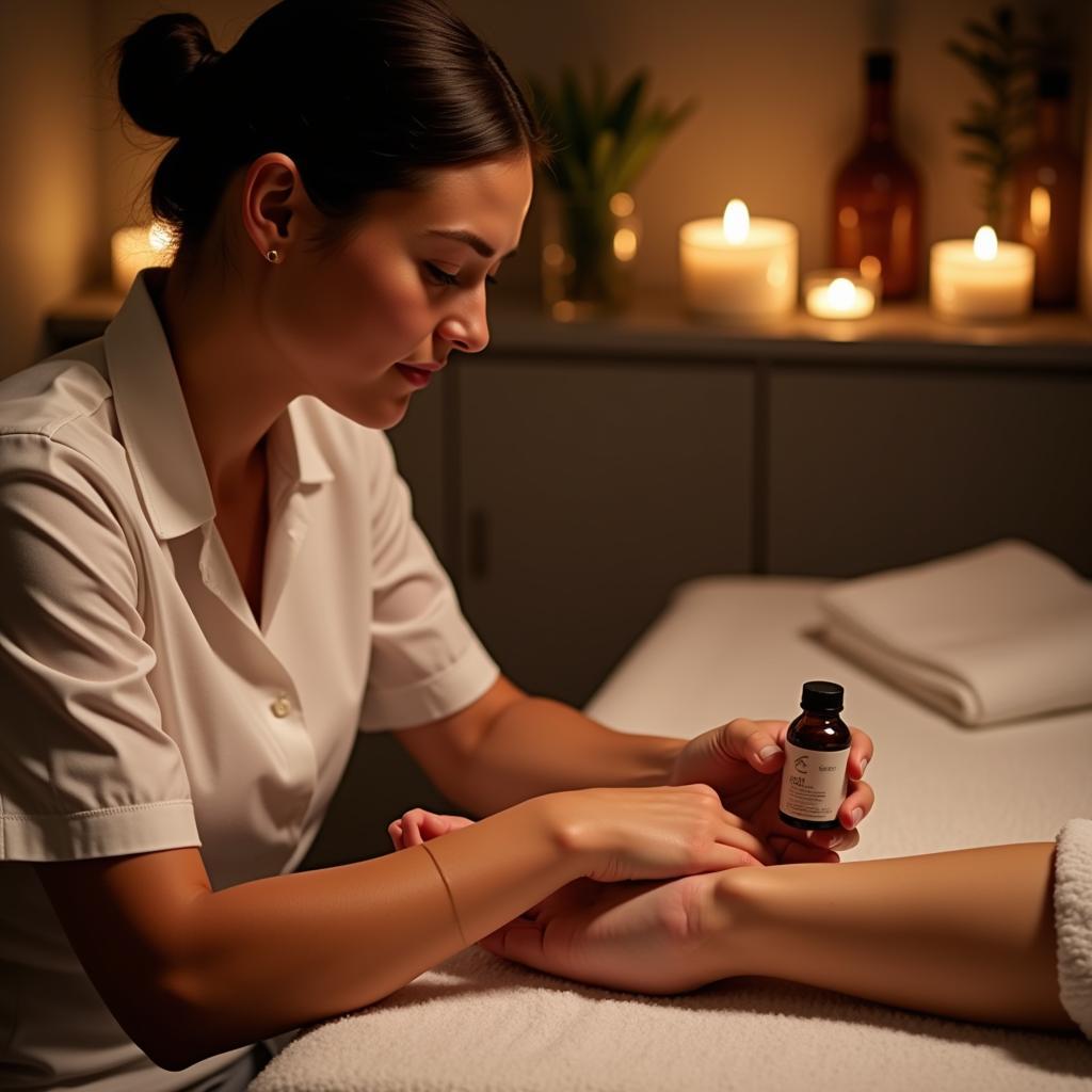 Spa associate performing a relaxing hand massage on a client.