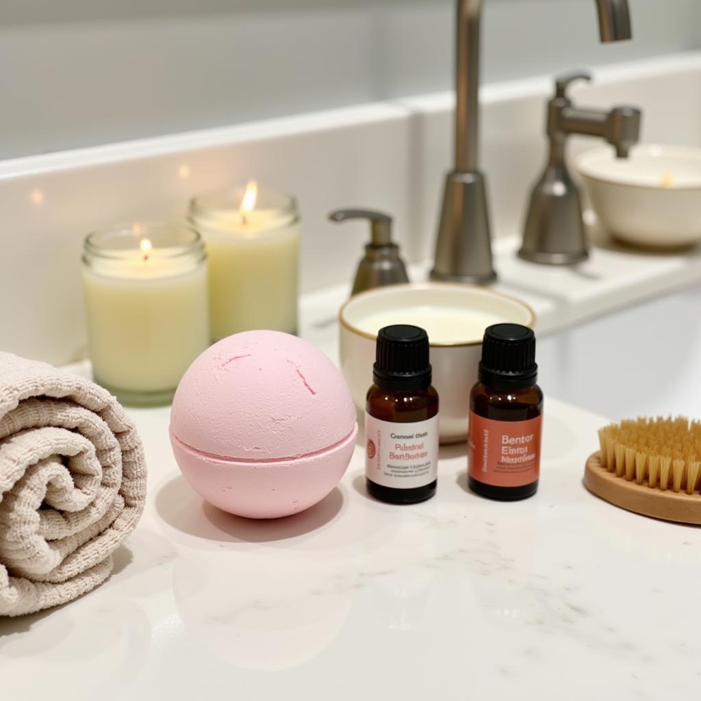 Spa essentials arranged on a bathroom counter