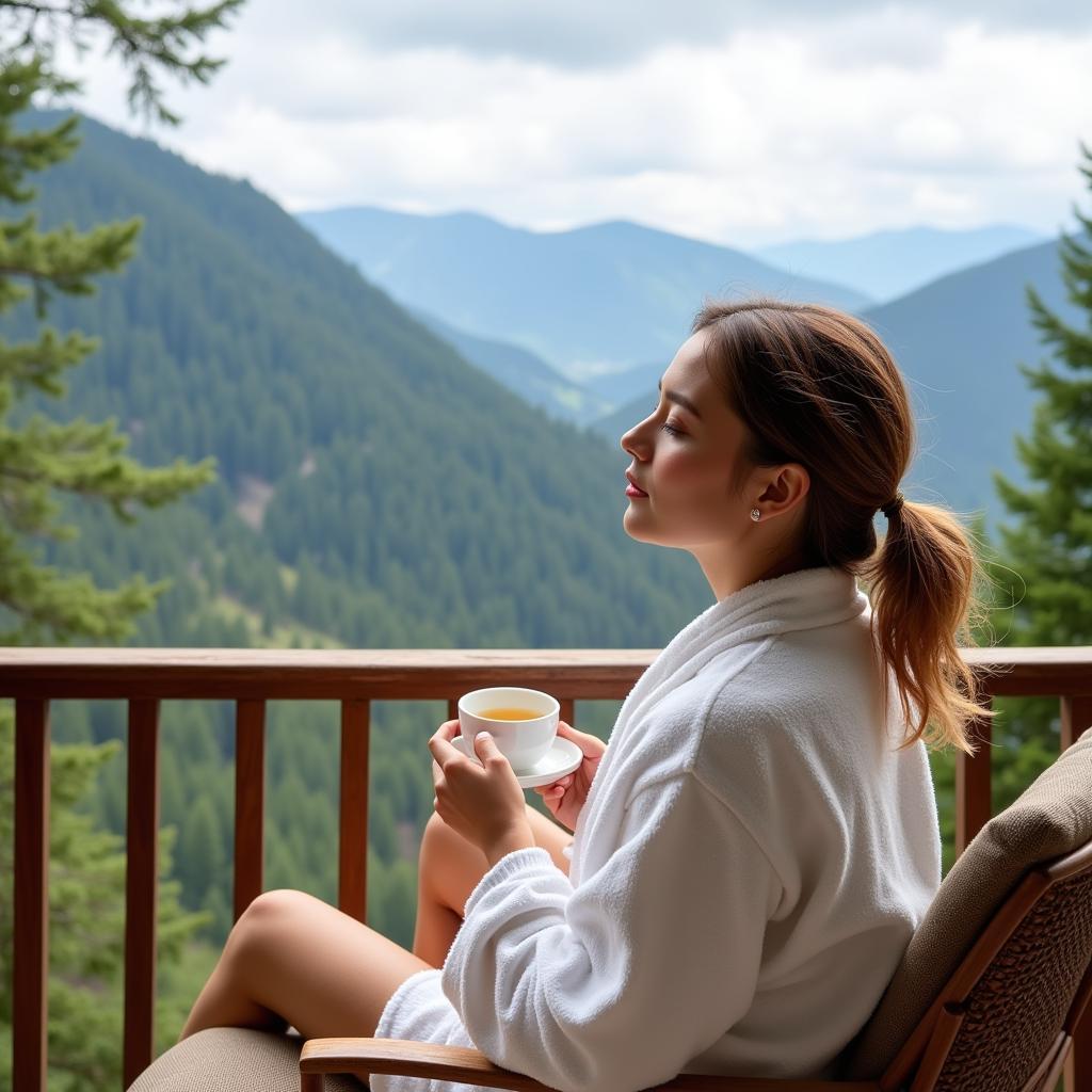 A woman relaxing in a spa robe enjoying a mountain view.