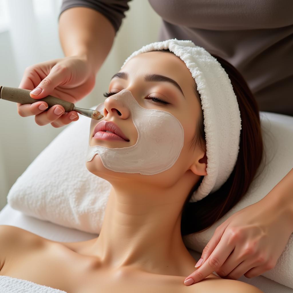 Close-up of a woman receiving a facial mask treatment at a spa