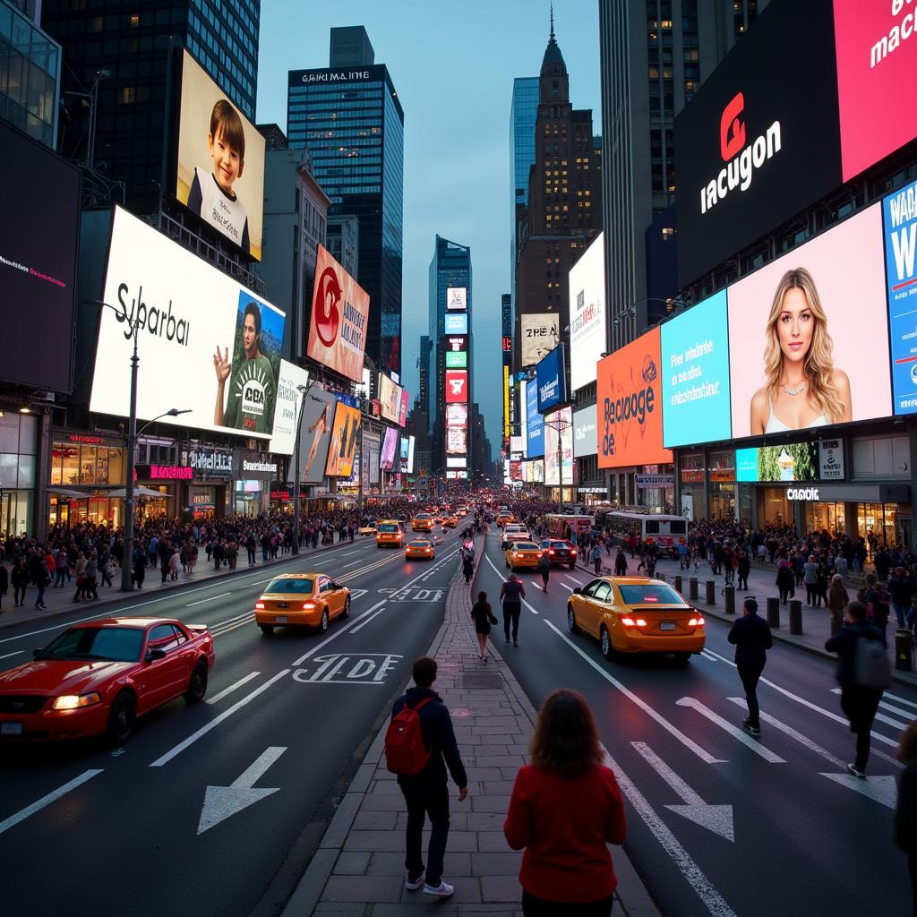 Stressful City Environment: People rushing in a busy city street, surrounded by traffic, noise, and billboards.