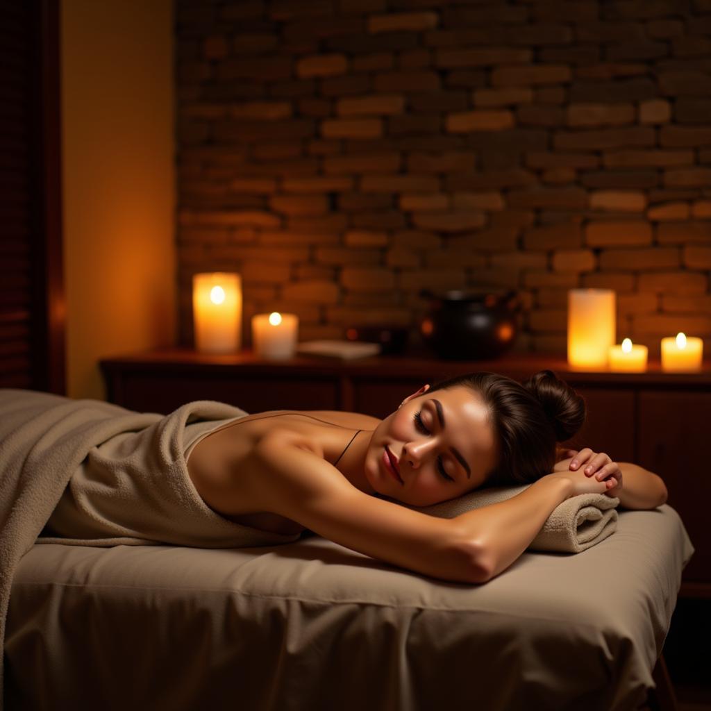 A woman relaxing in a serene tema spa environment, enjoying the calming atmosphere and personalized treatments.